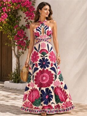NEW - Boho Floral Halter Maxi Dress Pink Resort Vacation Gown